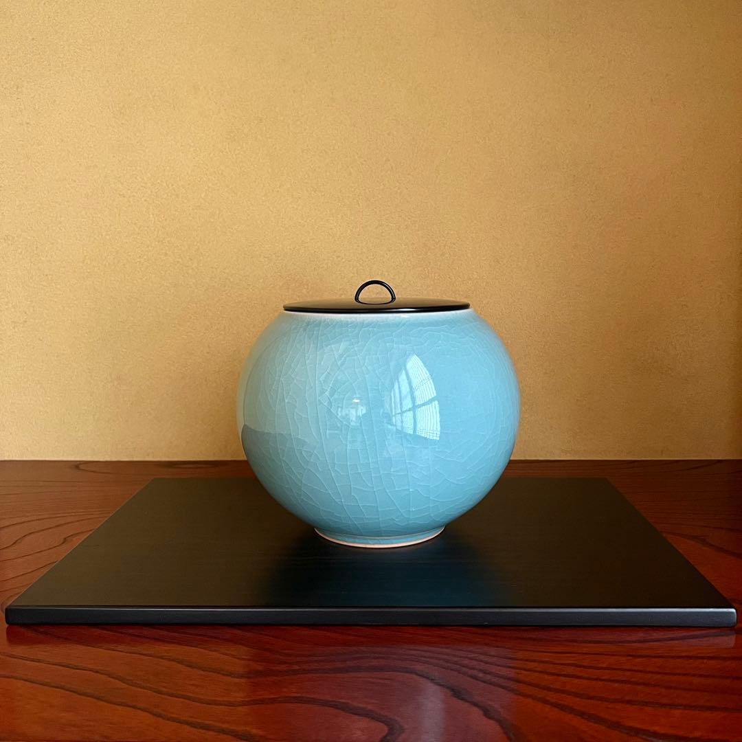 九谷焼 作家もの 青磁 水指 堂前忠正 茶道具 漆塗蓋付 共箱