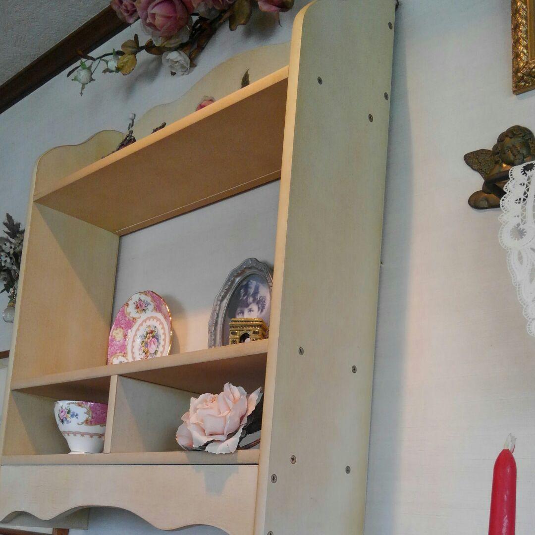 アンティーク調薔薇のだまし絵飾り棚◆お皿立て◆リビング飾り棚◆ヴィンテージ◆姫系