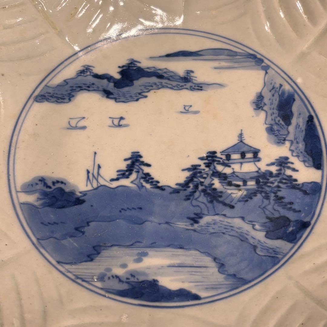 江戸時代　古伊万里　陰刻　染め付け皿　5枚