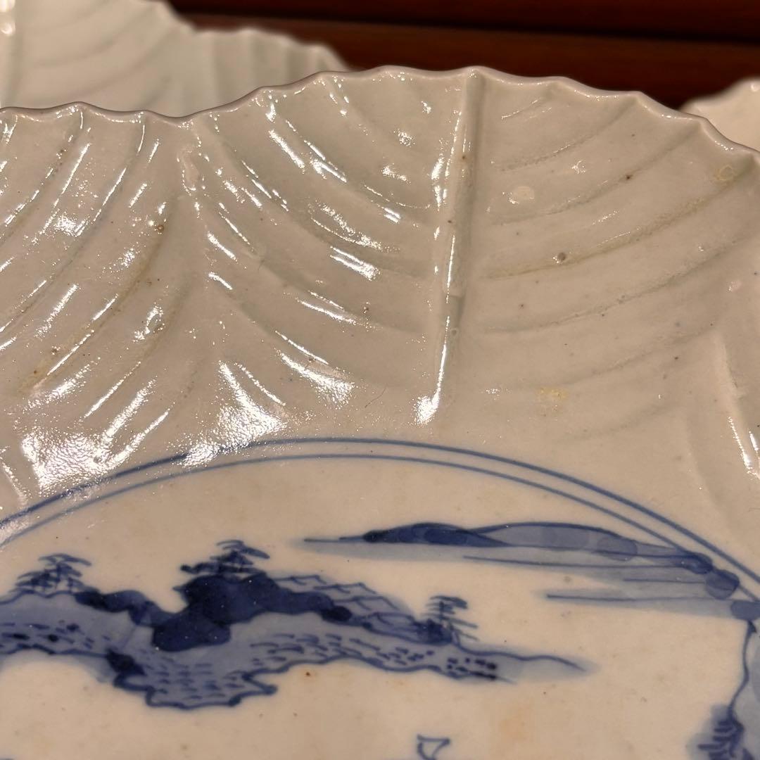 江戸時代　古伊万里　陰刻　染め付け皿　5枚