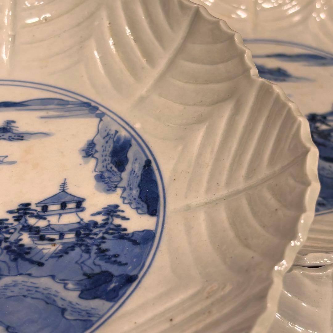 江戸時代　古伊万里　陰刻　染め付け皿　5枚