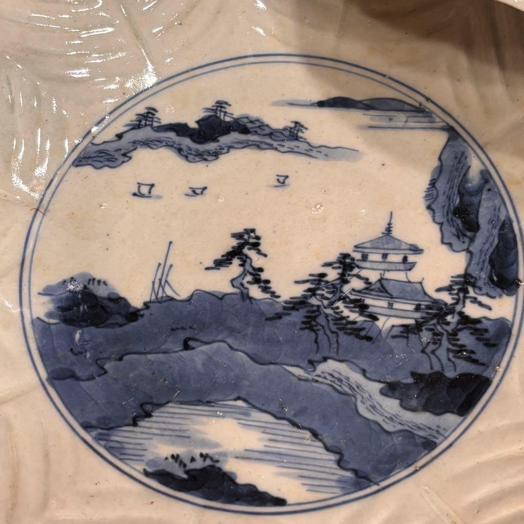 江戸時代　古伊万里　陰刻　染め付け皿　5枚