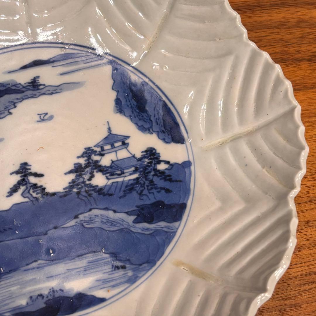 江戸時代　古伊万里　陰刻　染め付け皿　5枚