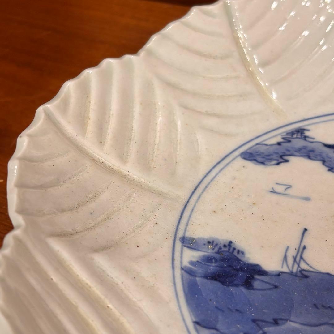 江戸時代　古伊万里　陰刻　染め付け皿　5枚