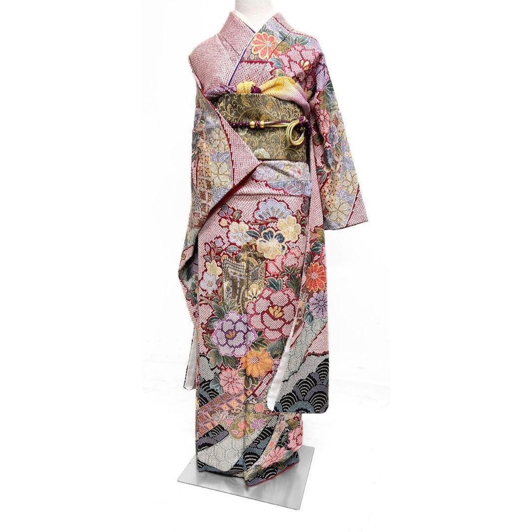 振袖　銀通し　金彩　辻ヶ花　鹿の子　牡丹　花模様　紅白　着物　121b p ms