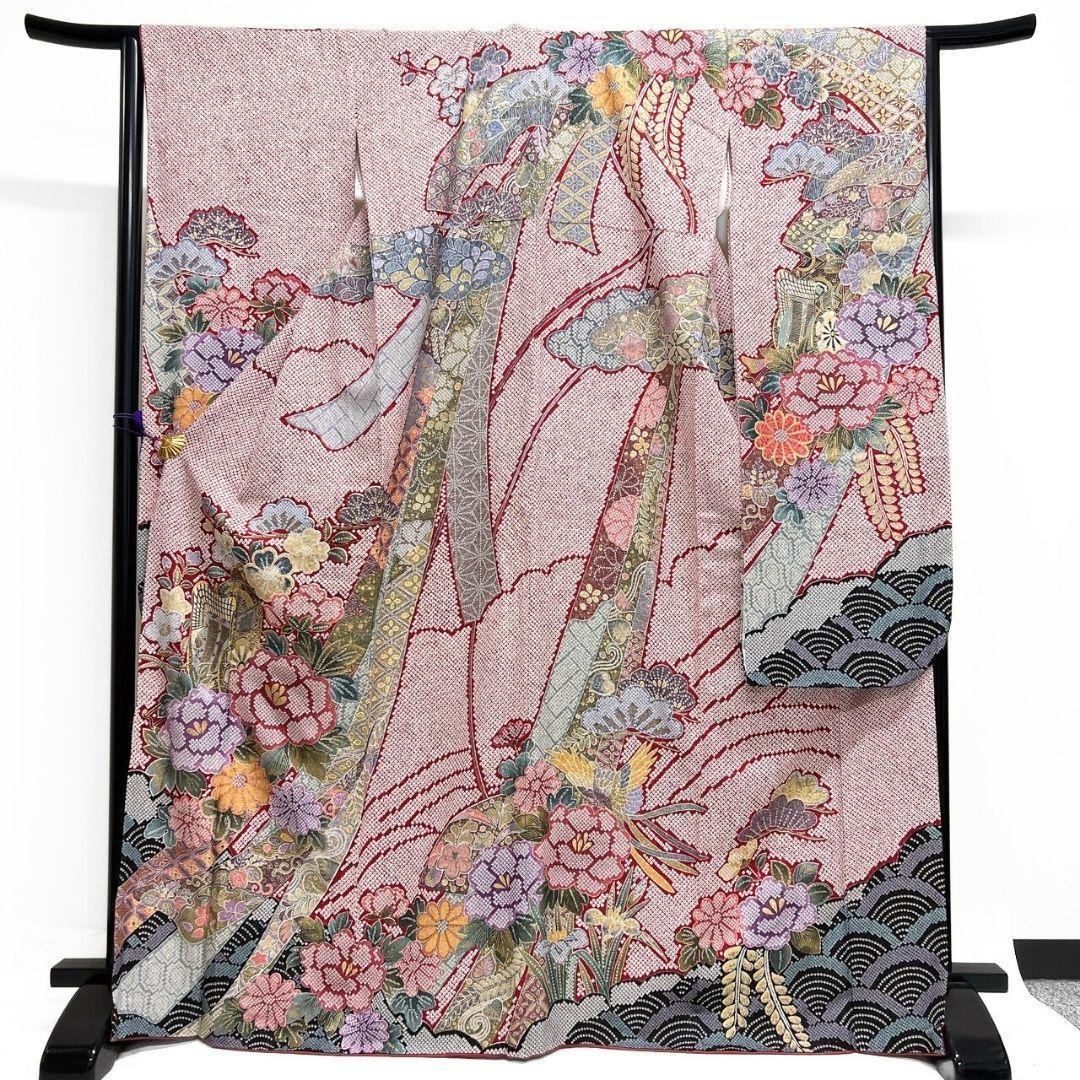 振袖　銀通し　金彩　辻ヶ花　鹿の子　牡丹　花模様　紅白　着物　121b p ms