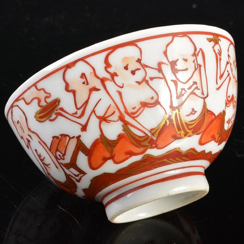 九谷焼　青木木米　聾米造　赤絵金彩　人物文　煎茶碗　十客　時代箱付　MR6559