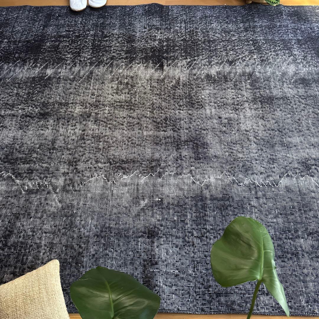 大判157×256レアカラー　ダークネイビーグレイ　擦れ　トルコヴィンテージラグ