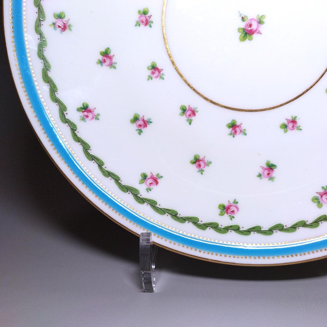 ミントン MINTON 1880年頃 トルコ石ブルーボーダー バラ絵 プレート