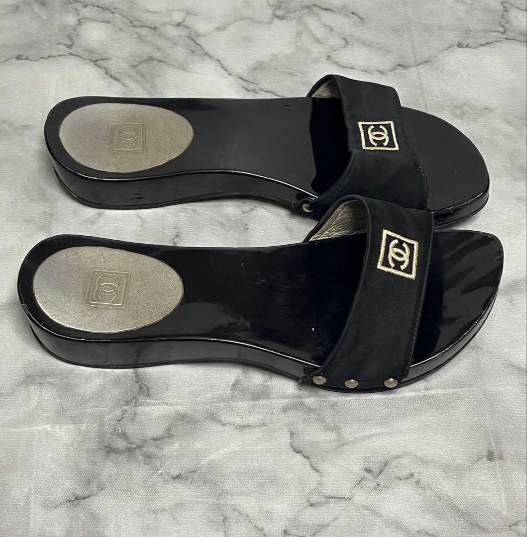CHANEL スポーツライン　ココマーク　ブラック　サテン　サンダル　35