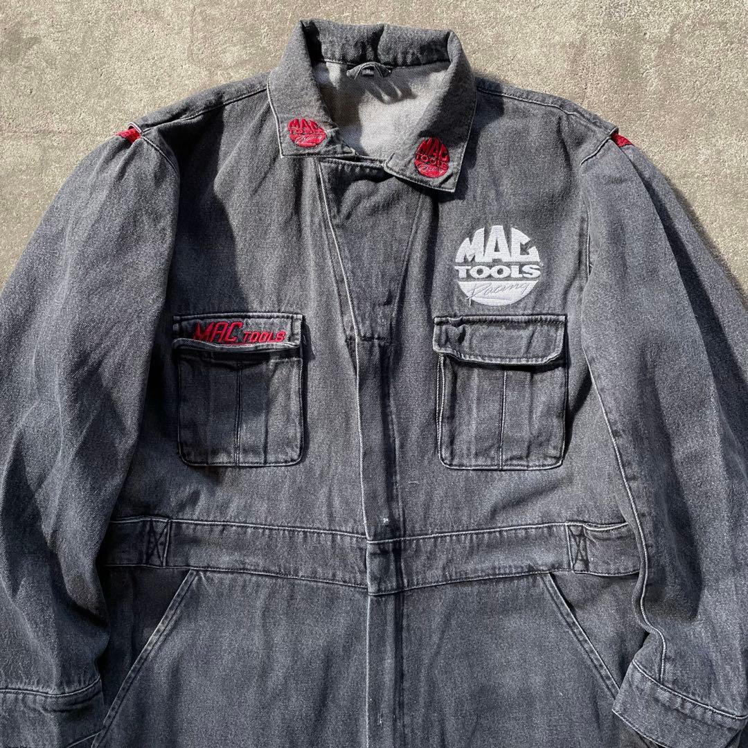 マックツール ブラックデニムオーバーオール つなぎ フルジップ 作業着 ロゴ刺繍