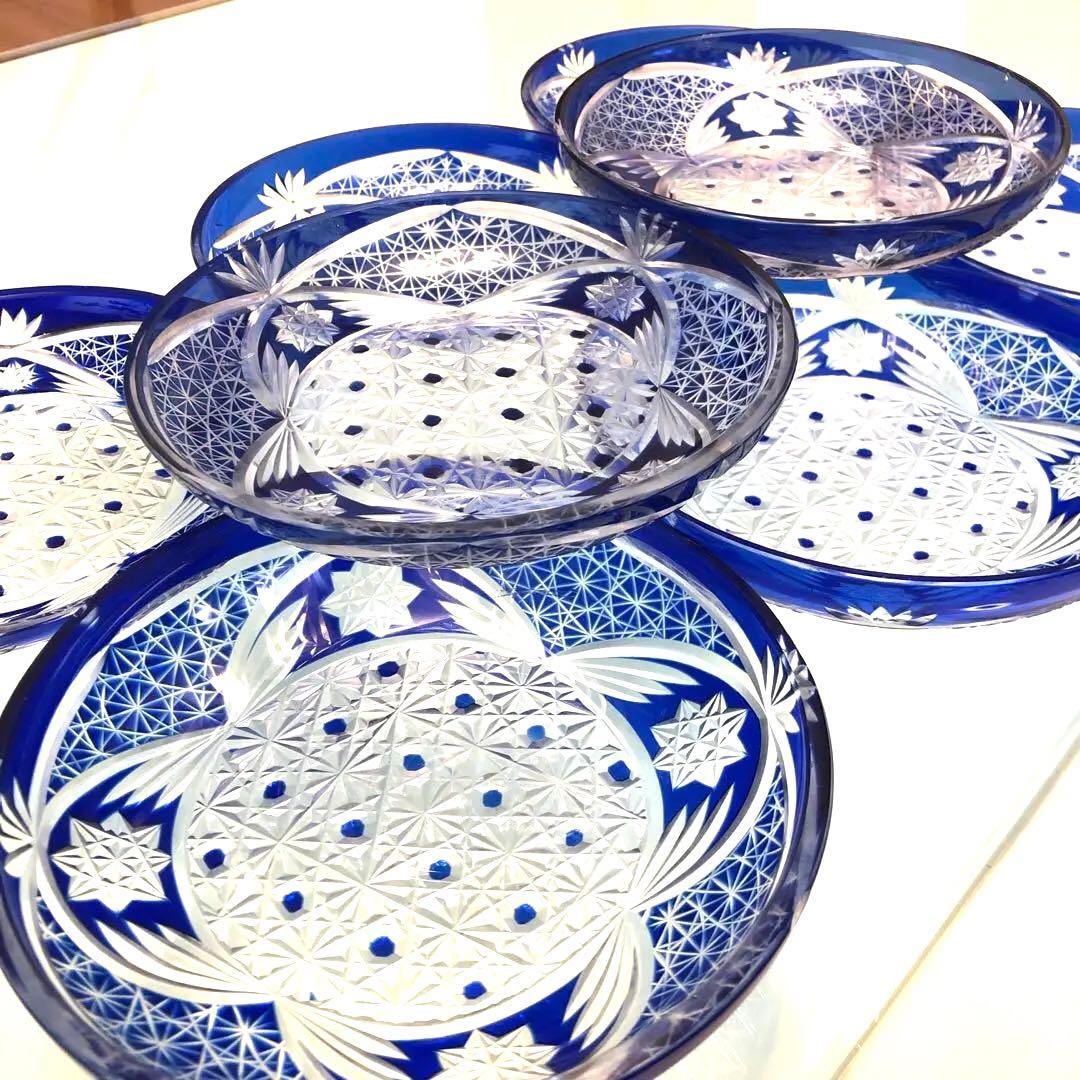 江戸切子　 瑠璃　麻の葉 菊龍目の文様昭和レトロ　8枚セット※説明必読