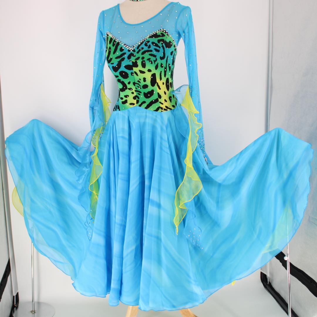【美品 社交ダンス衣装】ブルー＆イエロー Tsukioka ワンピース ドレス
