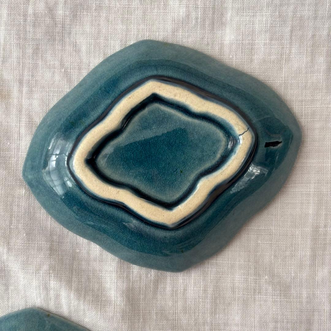 淡路　珉平焼　薄瑠璃薔薇の図 瑠璃釉青交趾陽刻 豆皿5客(江戸後期骨董古美術