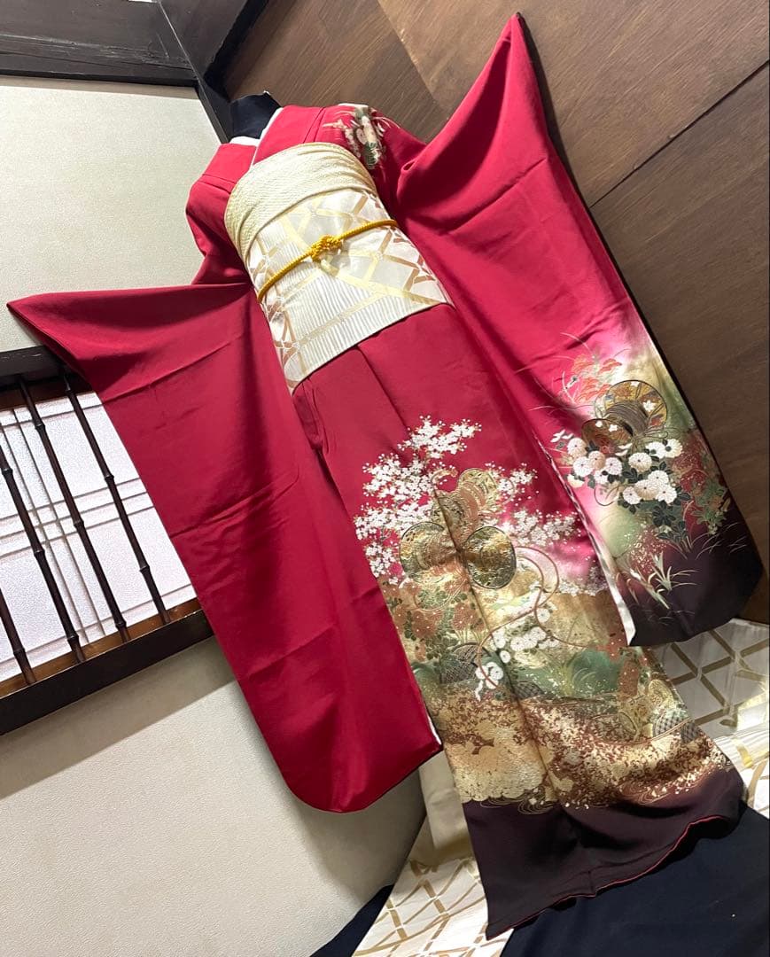 振袖フルセット6点サイズM〜Ｌ糸巻き花文　暈し染め　金彩　正絹