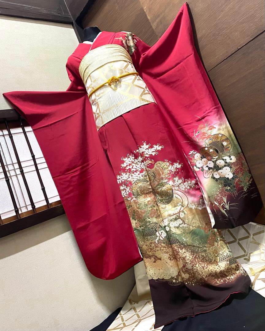 振袖フルセット6点サイズM〜Ｌ糸巻き花文　暈し染め　金彩　正絹