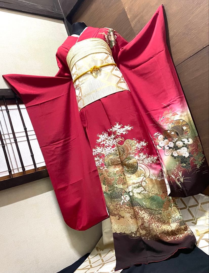振袖フルセット6点サイズM〜Ｌ糸巻き花文　暈し染め　金彩　正絹