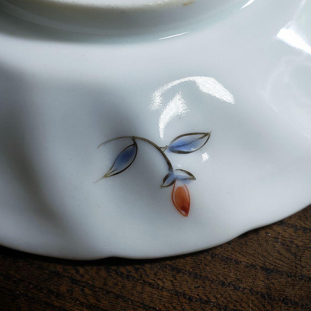 色絵付　皿　鳳凰　ねじり花弁縁　古伊万里　花文　唐草　銘　窯傷　イ号