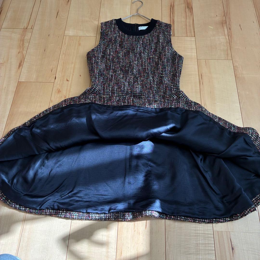 【クリスチャンディオール】ワンピース ノースリーブ ツイード ラメ マルチカラー