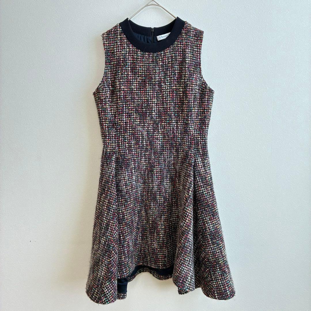 【クリスチャンディオール】ワンピース ノースリーブ ツイード ラメ マルチカラー