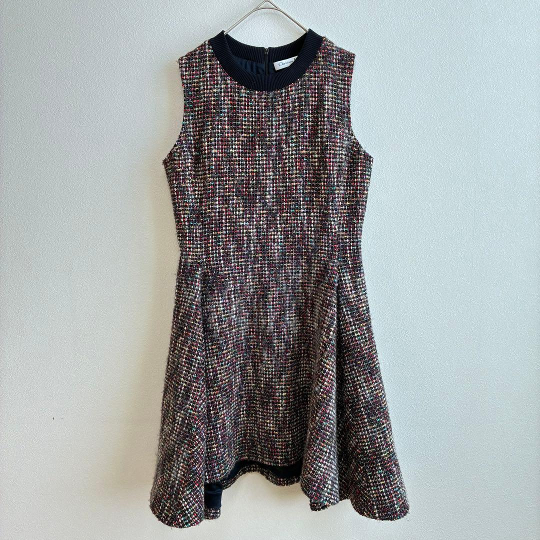 【クリスチャンディオール】ワンピース ノースリーブ ツイード ラメ マルチカラー