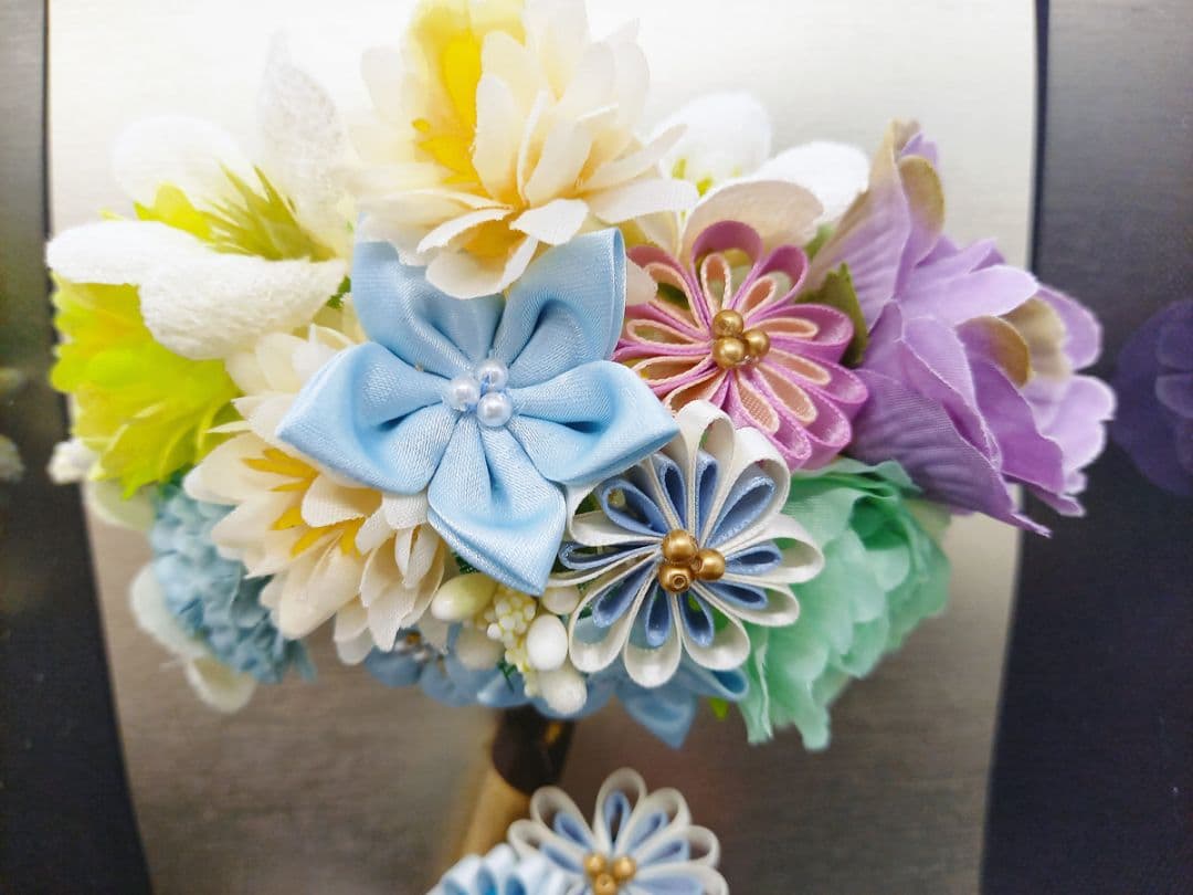 成人式つまみ細工セット　コームタイプ ブルー 髪飾り 振袖 着物 かんざし 和装