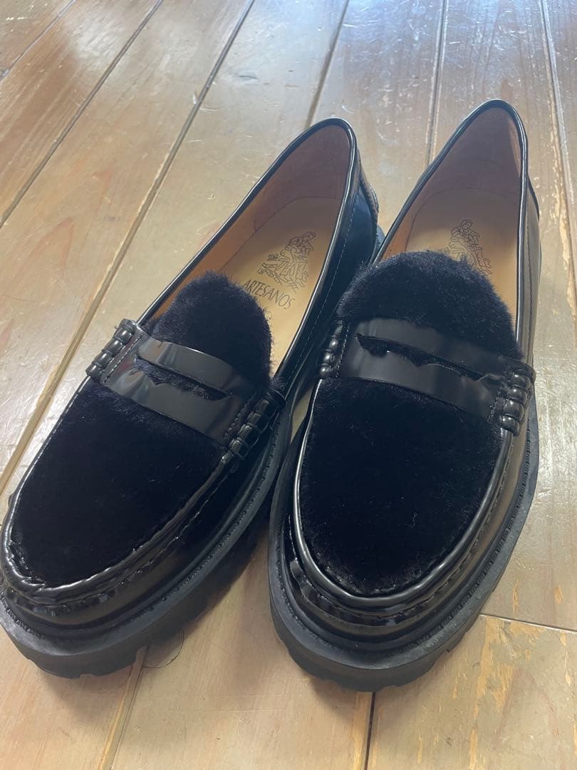 ARTESANOS黒 レザー ファー 厚底ローファー 新品未使用
