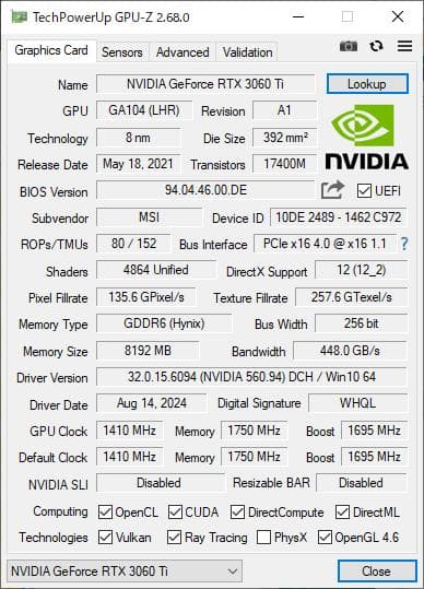 MSI RTX 3060 Ti 8GB 動作確認済