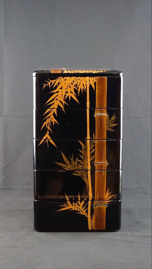 時代 竹梅蒔絵 家紋 内梨地 五段重箱 二枚蓋 螺鈿細工 青貝 木製 / 輪島塗