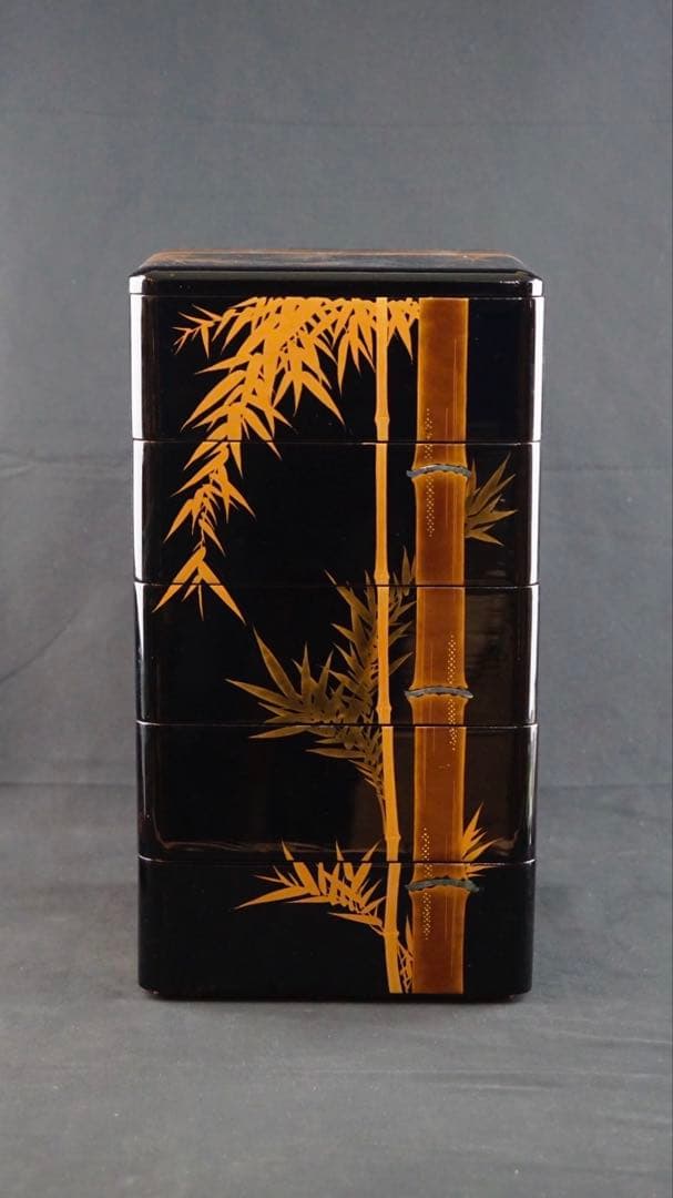 時代 竹梅蒔絵 家紋 内梨地 五段重箱 二枚蓋 螺鈿細工 青貝 木製 / 輪島塗