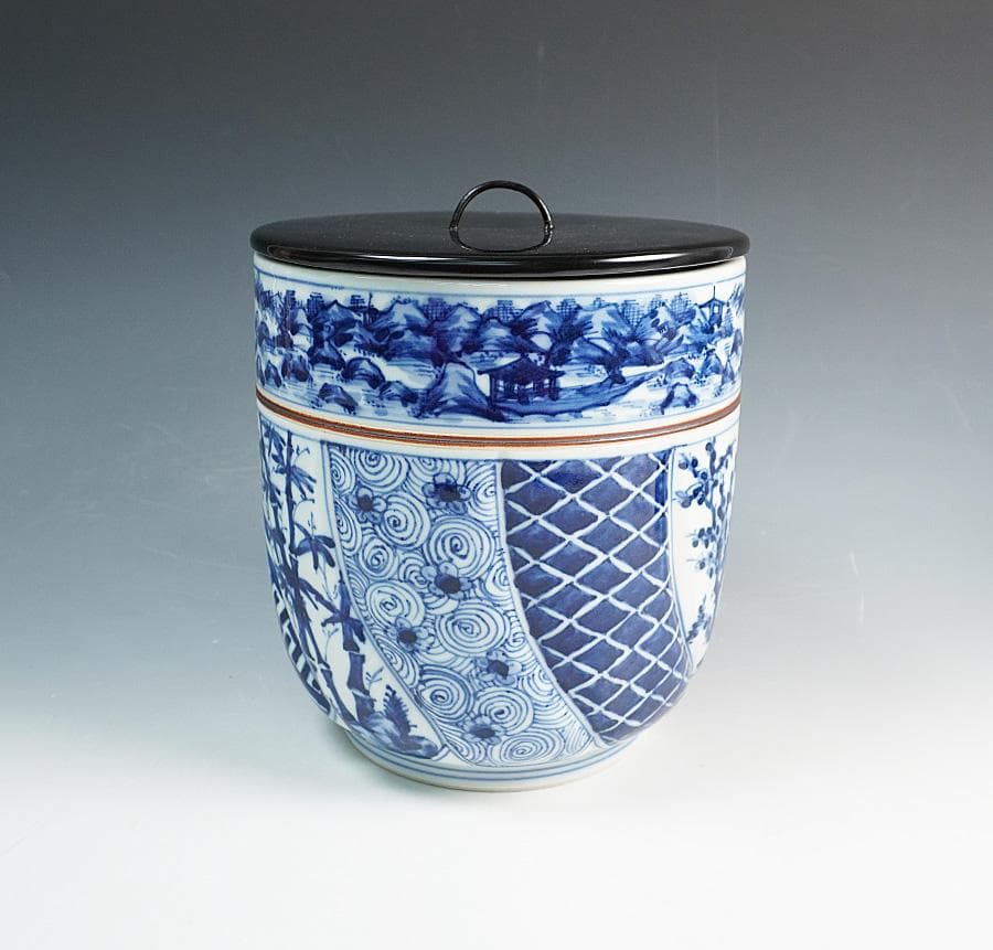 西村徳泉 青華山水松竹梅之図水指 共箱 茶道具