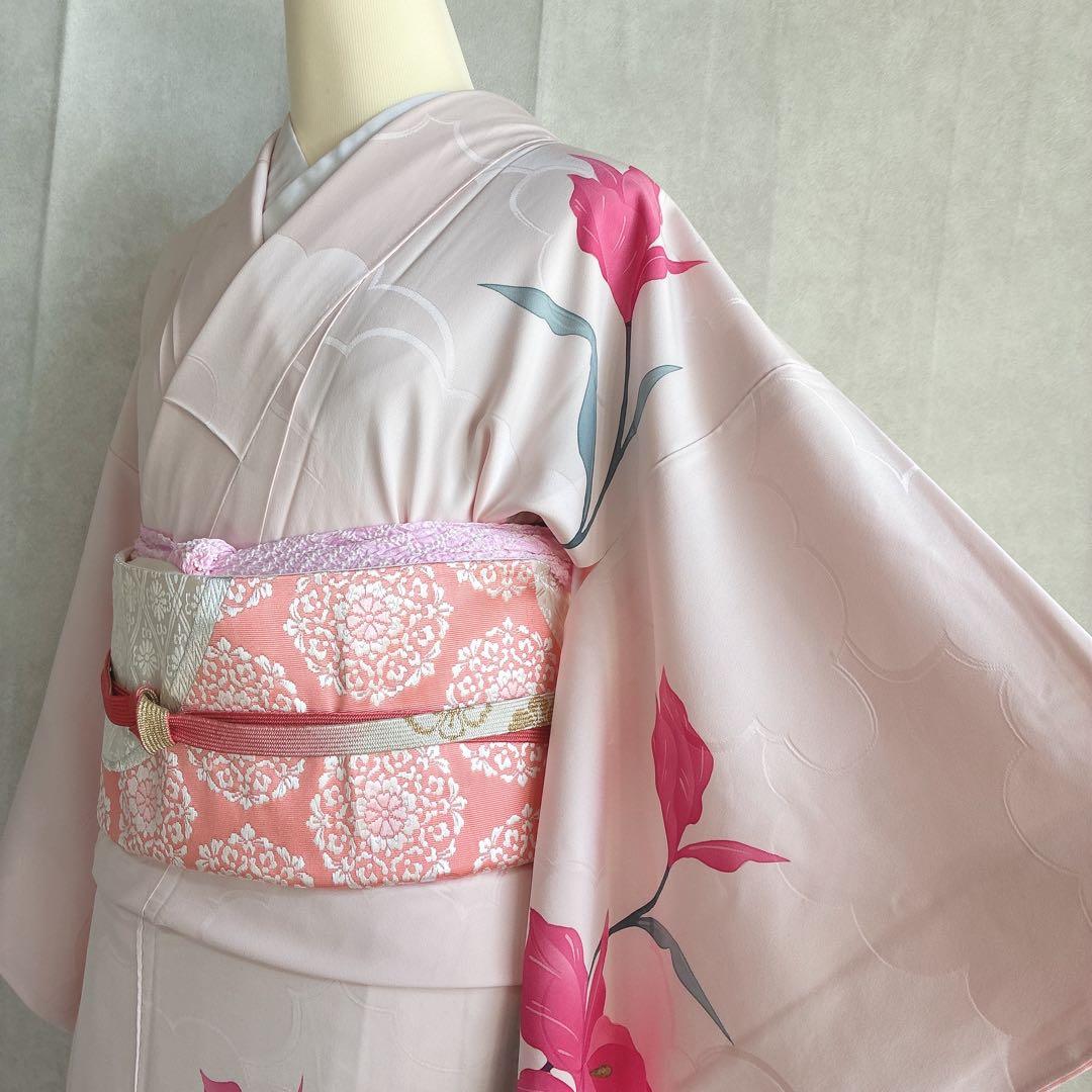 訪問着　フルセット　着物　正絹　ピンク　鮮やか華　百合　しつけ糸付き　J10