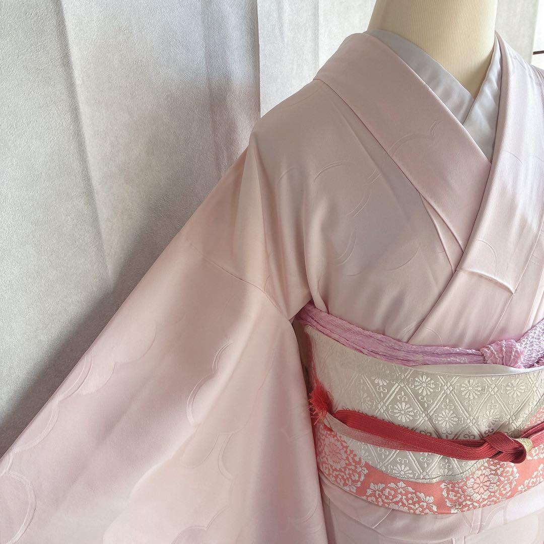 訪問着　フルセット　着物　正絹　ピンク　鮮やか華　百合　しつけ糸付き　J10