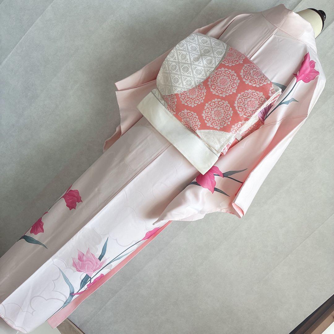 訪問着　フルセット　着物　正絹　ピンク　鮮やか華　百合　しつけ糸付き　J10