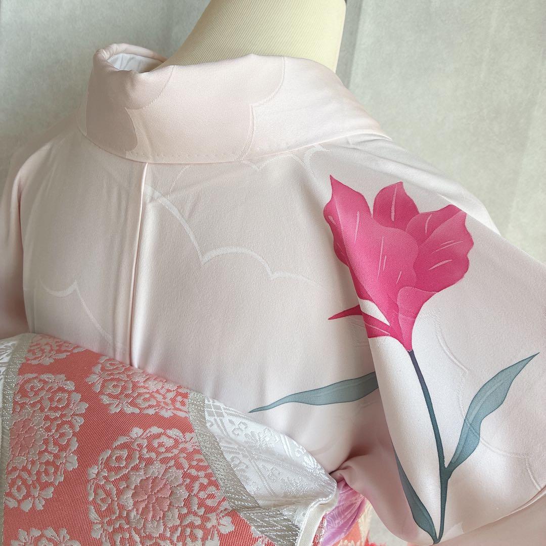 訪問着　フルセット　着物　正絹　ピンク　鮮やか華　百合　しつけ糸付き　J10