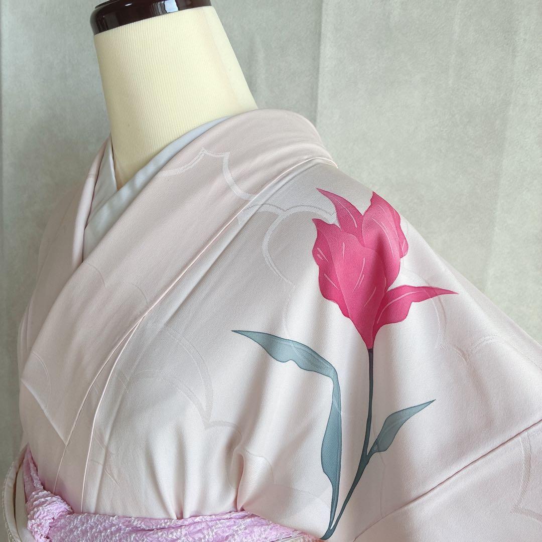 訪問着　フルセット　着物　正絹　ピンク　鮮やか華　百合　しつけ糸付き　J10