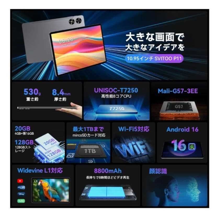 ★新品 ケース Android16 タブレット　20GB+128GB+1TB拡張