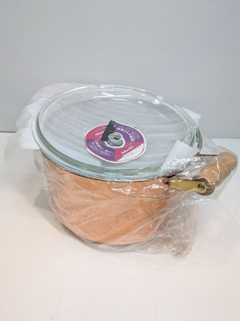 P974 未使用 キングカパー 純銅製 深型両手鍋 21cm パイレックス蓋付