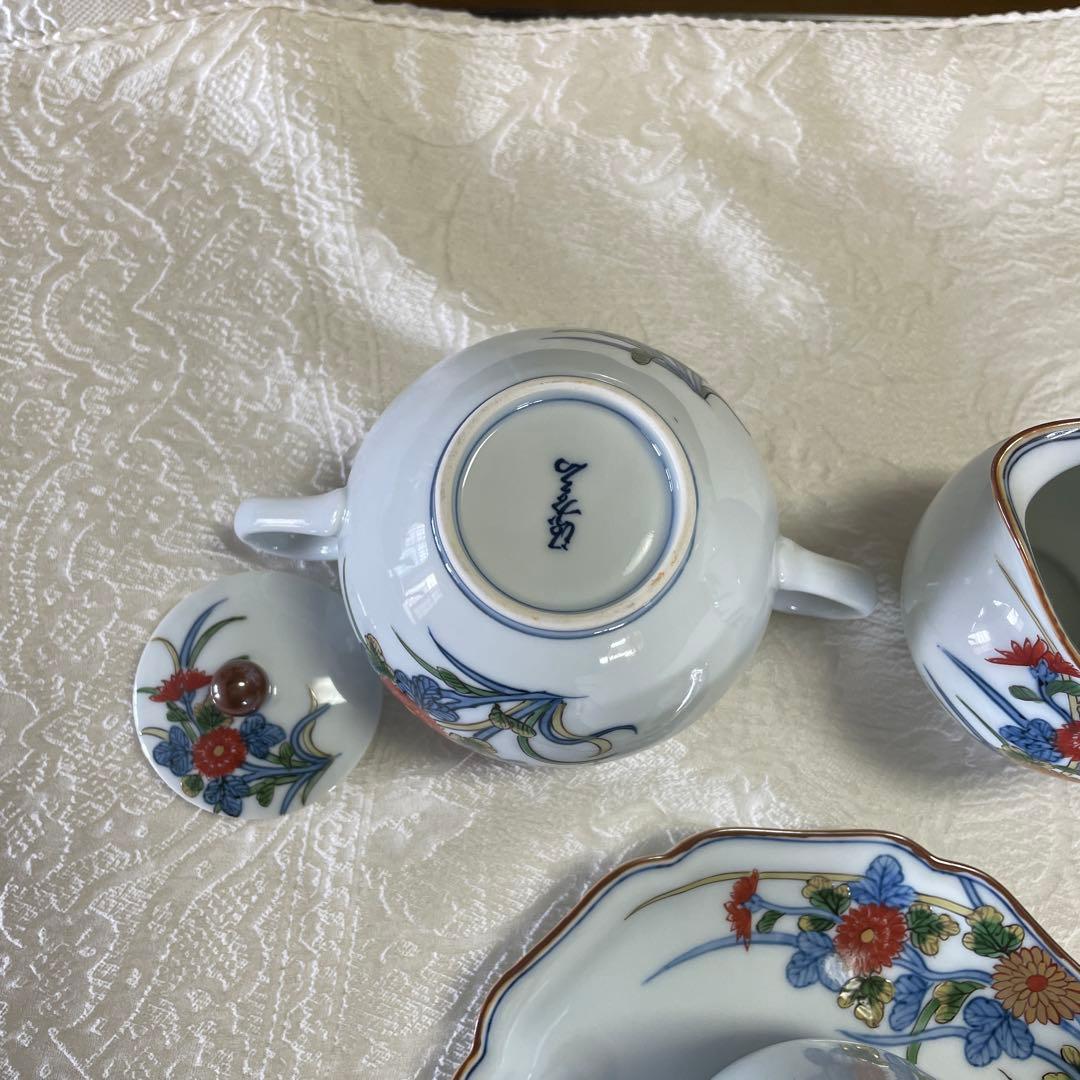 源右衛門窯　古伊万里風菊江腕皿　コーヒーカップ　シュガーポット　クリーマー