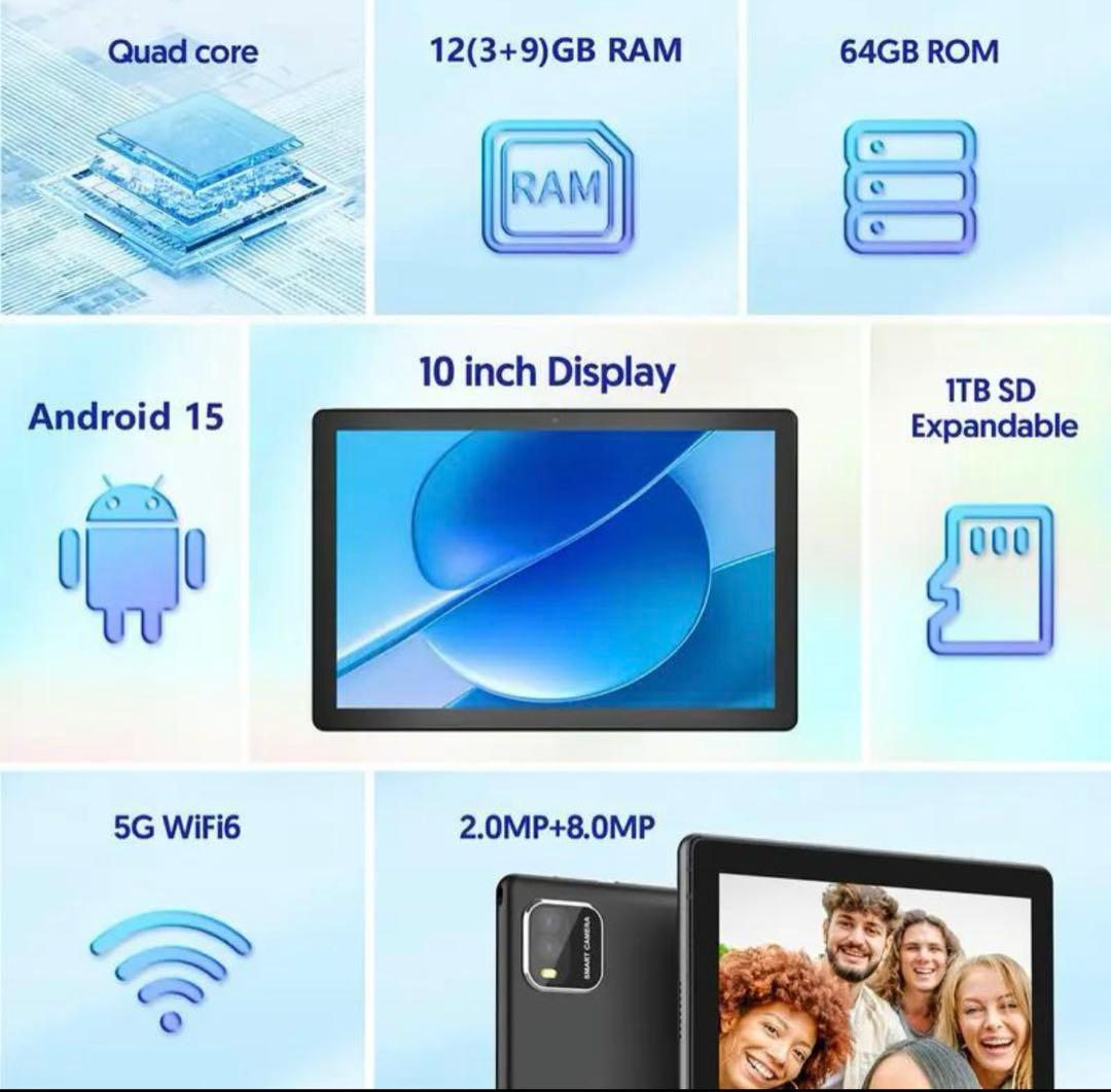 Android 15 10インチ タブレット 12GB