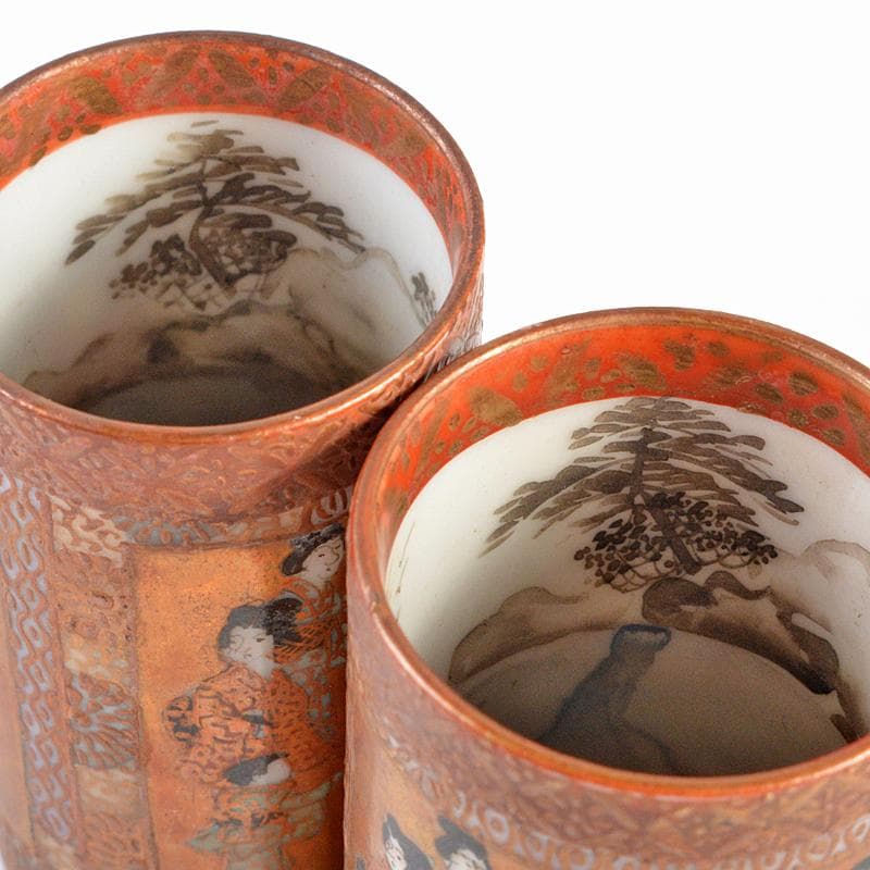 九谷焼　古九谷　日本村顕　色絵金彩　山水人物文　茶巾筒　一對　F　R6033