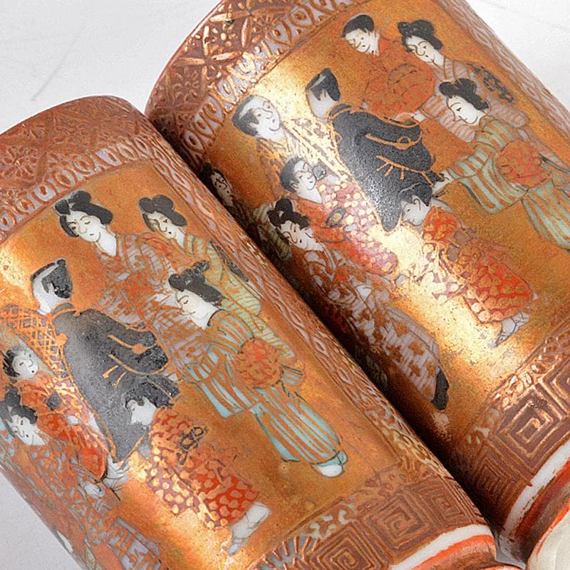 九谷焼　古九谷　日本村顕　色絵金彩　山水人物文　茶巾筒　一對　F　R6033