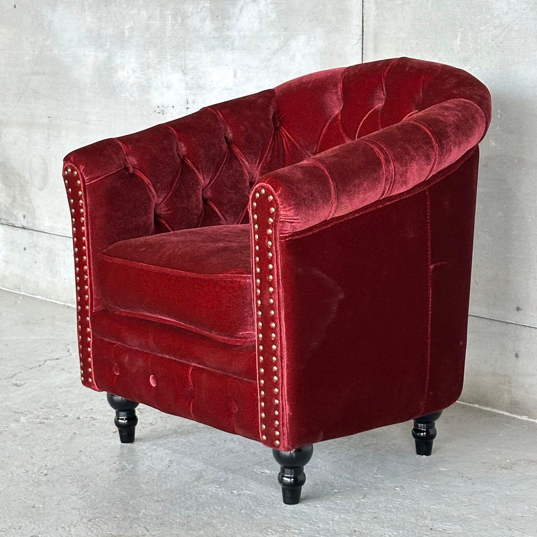 ★VINCENT★チェスターフィールド 1Pソファ ベルベット アンティーク調