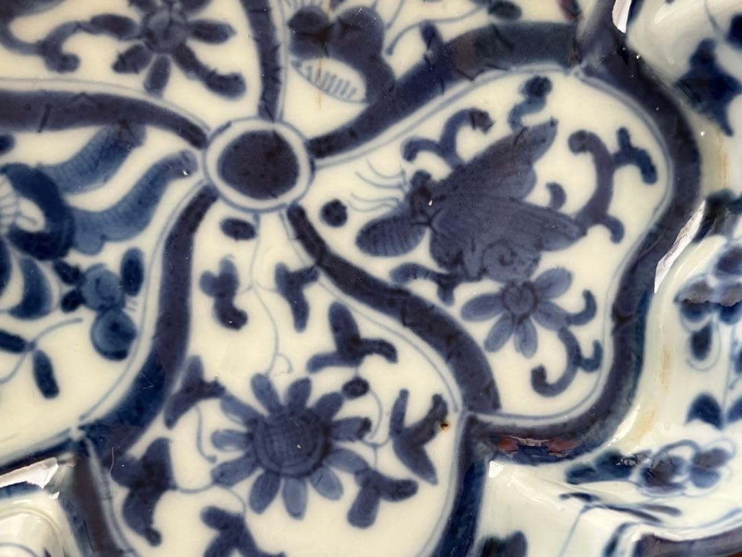 希少注文品　清朝期新渡　青花染付　輪花形捻り花　蝶虫　中国古玩　変形向付菓子鉢