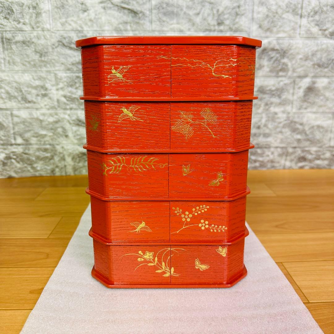 【茶道具　菓子器】縁高重　漆塗り　花鳥　中村湖彩作　5客