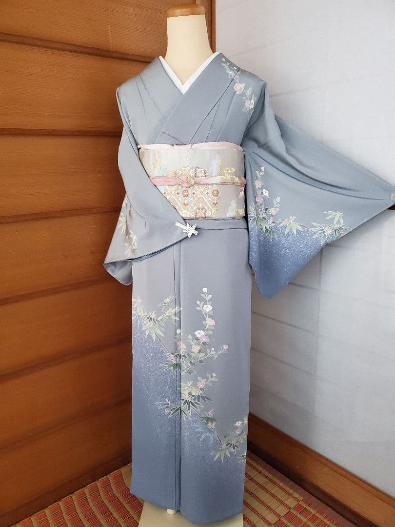 【着物・帯セット＊】清楚な小付けの訪問着　水色　グレー　スモールサイズ　正絹