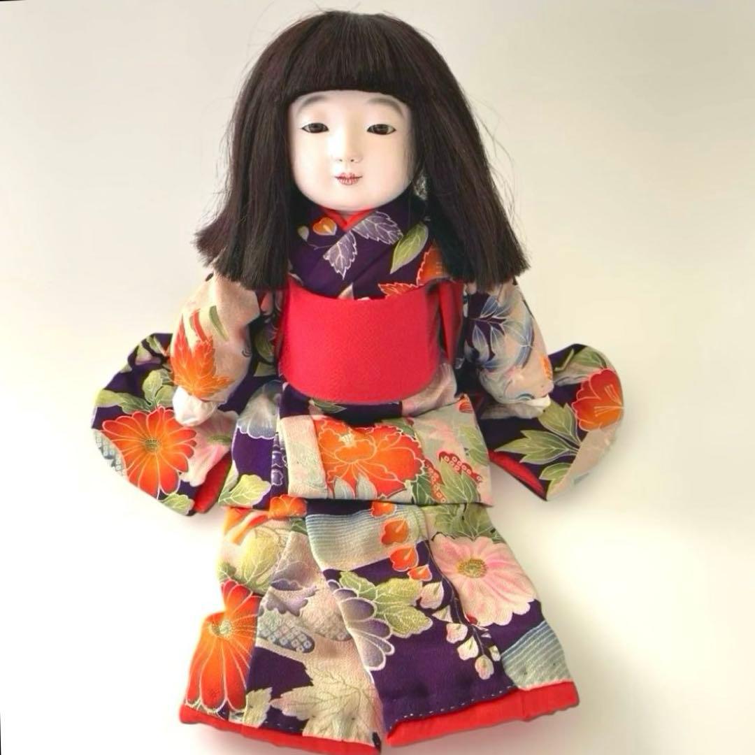 市松人形　松乾斎東光作　座り市松　正絹古代裂着物