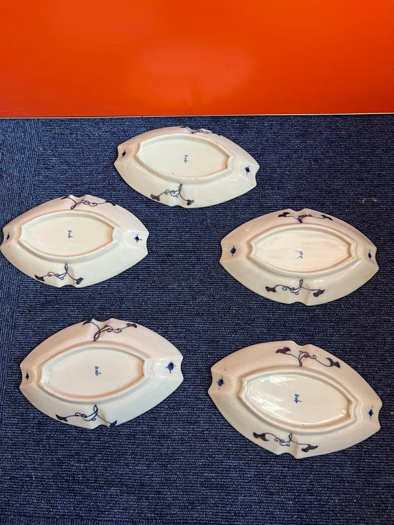 1277  九谷焼　染付山水風景図　皿　5客　時代物