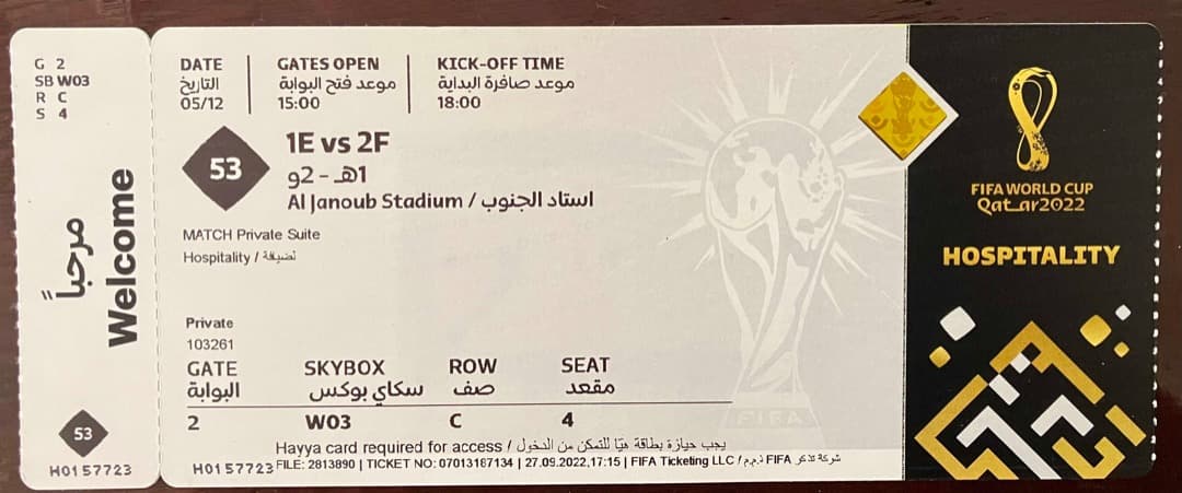 ワールドカップカタール日本vsクロアチアHOSPITLITYチケット53−３