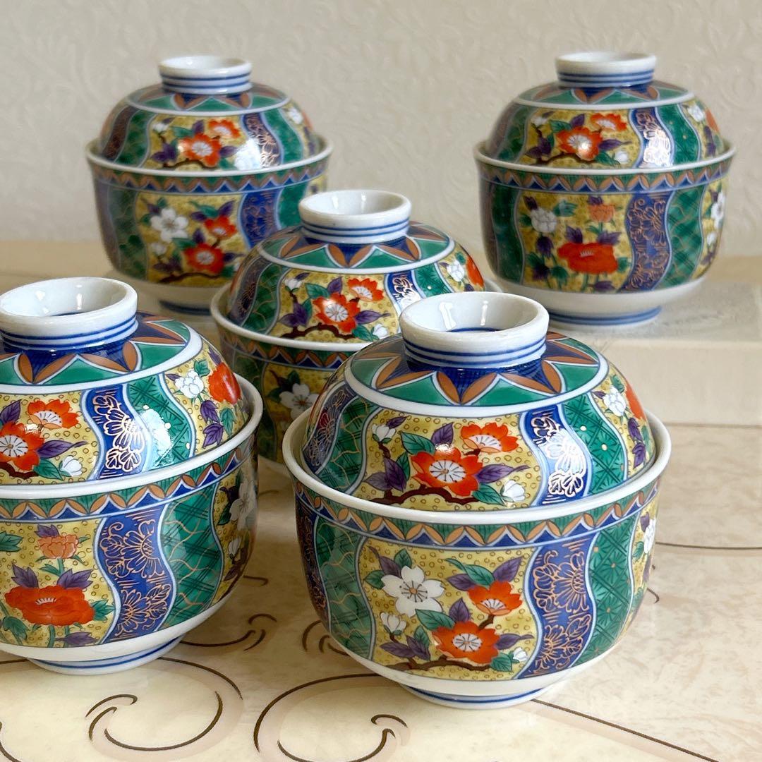有田焼　南山窯　蓋付き碗揃　5客セット　茶碗蒸し器　小丼　金彩古伊万里　和食器